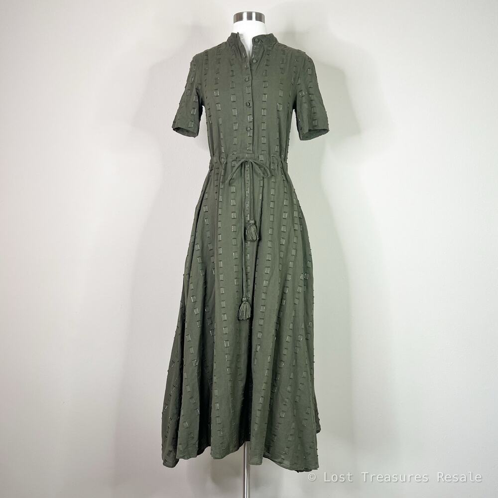 Never A Wallflower | Kelli Olive Green Textured Cotton Tassel Tie Maxi Dress XS - Picture 2 of 12